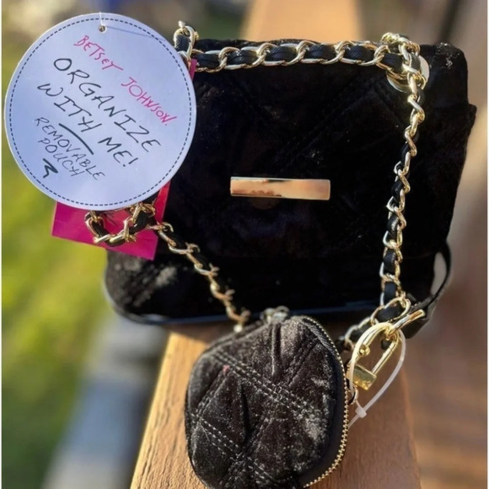 Betsey Johnson Black Velour Diamond Quilted Crossbody Shoulder Bag NWT